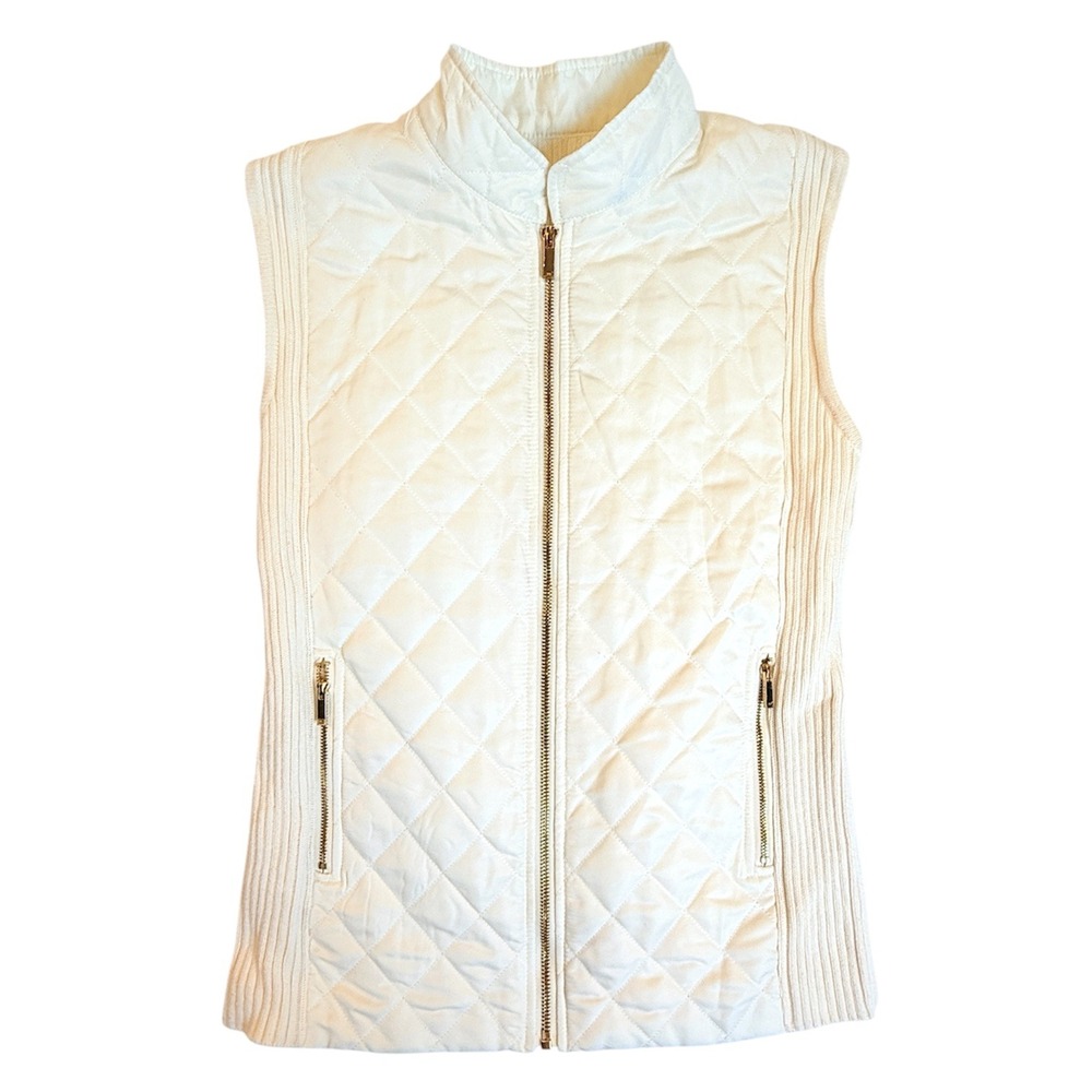 JNY Signature Vest Women Size M White Quilted Knit Mixed Media Mock Neck Zip Up